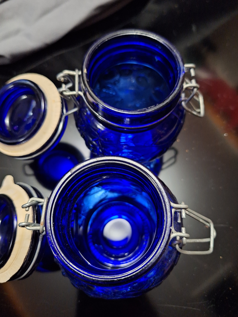 Vintage Cobalt Blue Glass Fruit Embossed Jars - Set of 2 - Wire Bale Lid - Picture 3 of 7